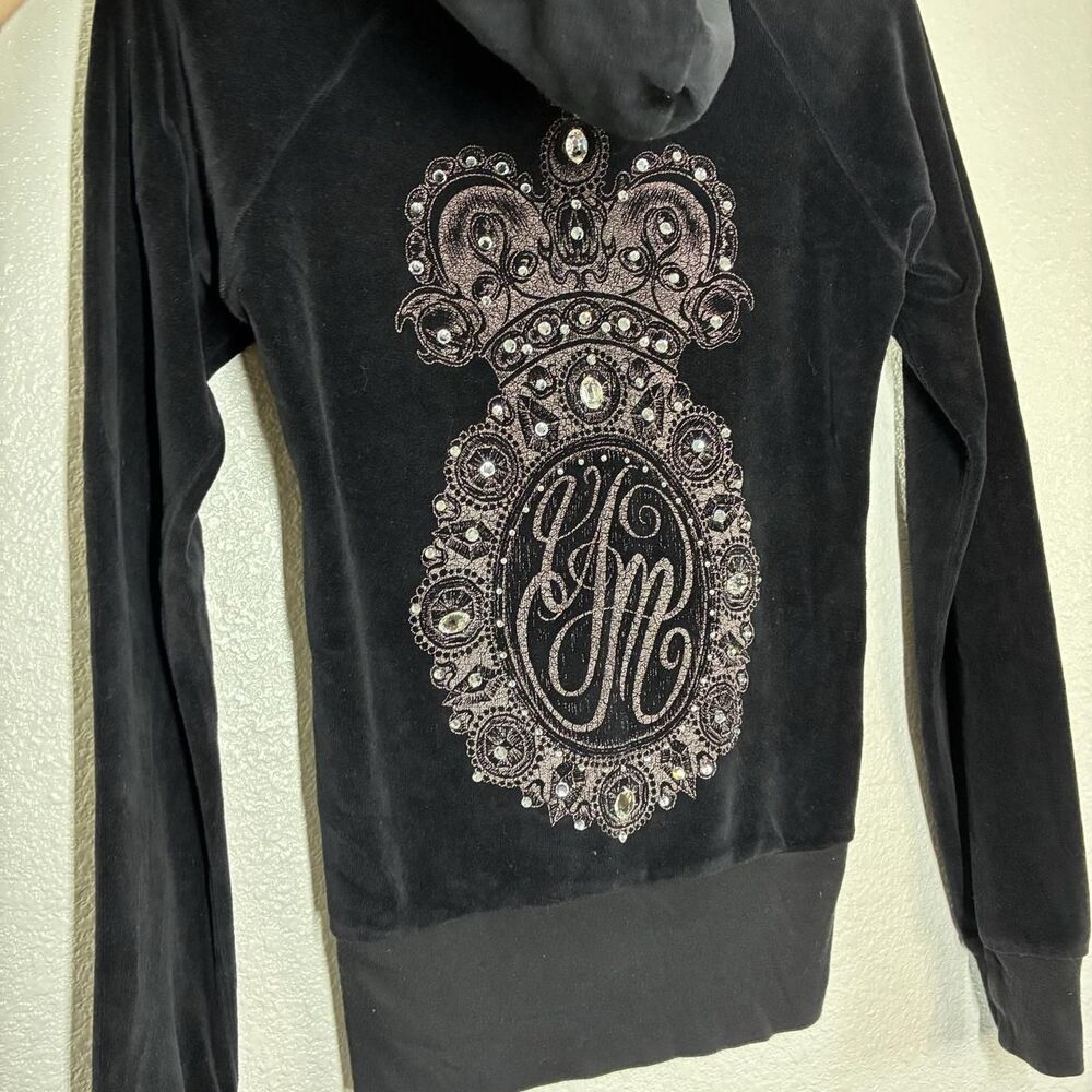 Yvette Mandell Hoodie Womens M Black Velour Full Zip Jeweled Crown Graphic y2k - Picture 5 of 8